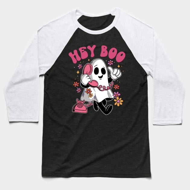 Hey Boo - Groovy Ghost Halloween design for Men, Womens Kids Baseball T-Shirt by Graphic Duster